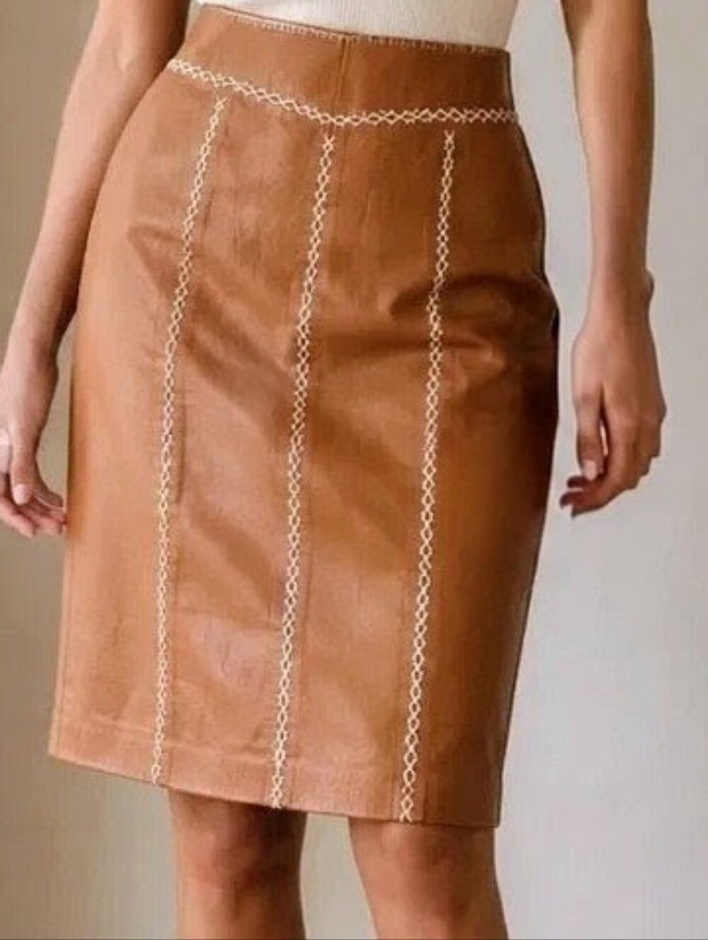 Vintage GAP KHAKIS Tan Faux Leather Pencil Skirt with Contrast Stitching, Size 6
